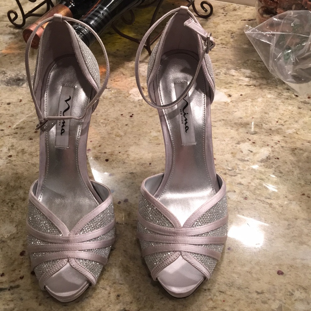 Silver sequin and satin shoes